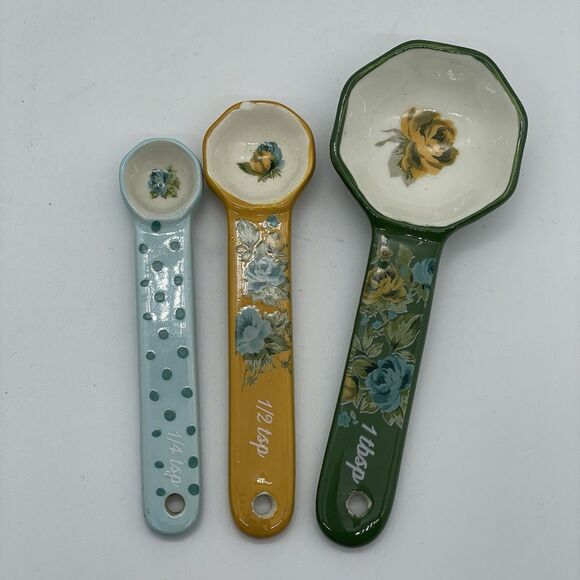 Vintage Pioneer Woman Ceramic Measuring Spoons Incomplete Set Of 3 Missing Tsp - Picture 3 of 6